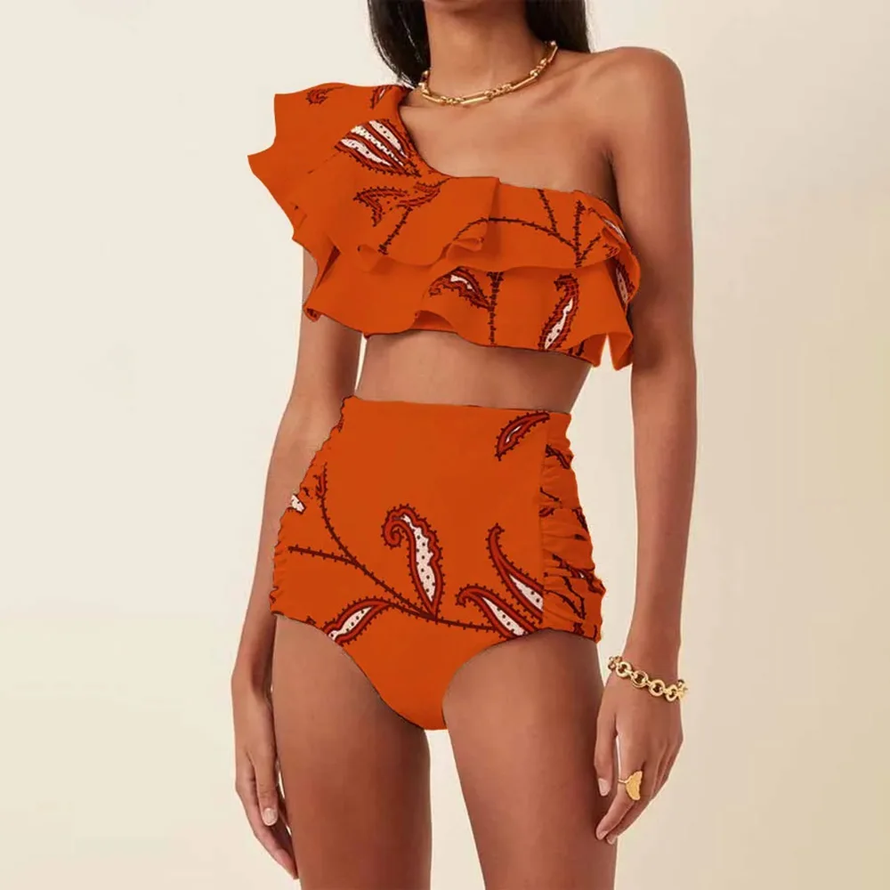 2023 New Fashion One Shoulder Ruffle Swimsuit Print Bikini High Waist Backless Sexy Beachwear Chic Pool Wear Women Swimwear