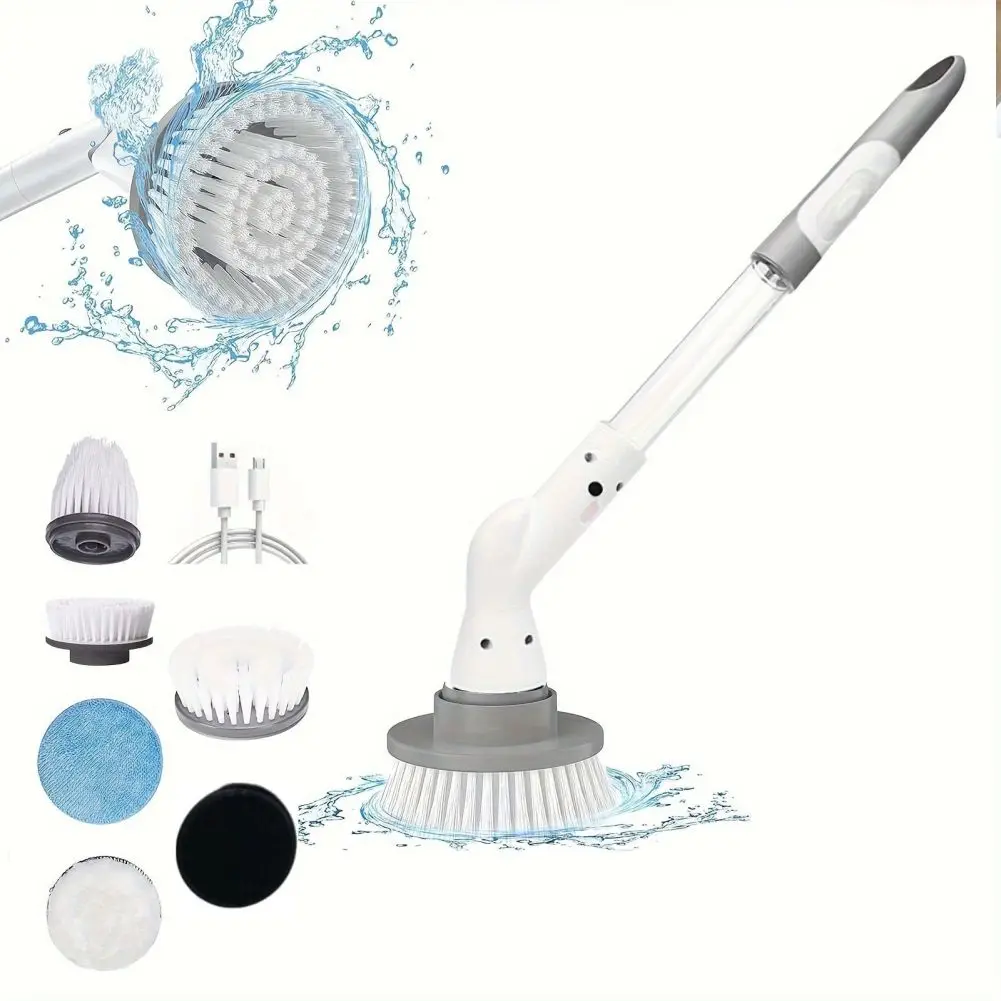 Dust Cleaning Brush Adjustable Cordless Cleaning Brush With 6 Brush Heads For Bathroom Floor Tile
