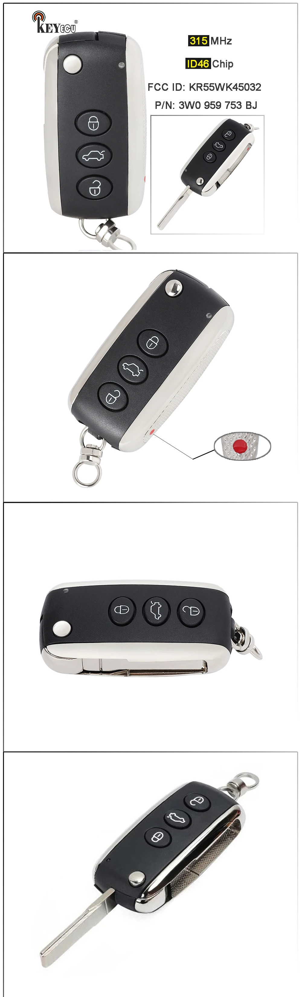 Keyforkess 315MHz PCF7945A Chip Fold Remote Key Fob 4 pulsante allarme per iveco Con * tincontinental GT GTC Flying sperone 2006-2016 KR55WK45032 - Sebdee20671dd4c6da7d5aaf2e0559ba9f
