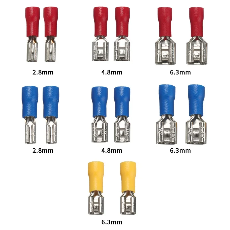 100/50/10pcs Female Crimp Terminal 2.8mm 4.8mm 6.3mm Insulated Spade Wire Connector Electrical Wiring Cable Plug Red blue yellow