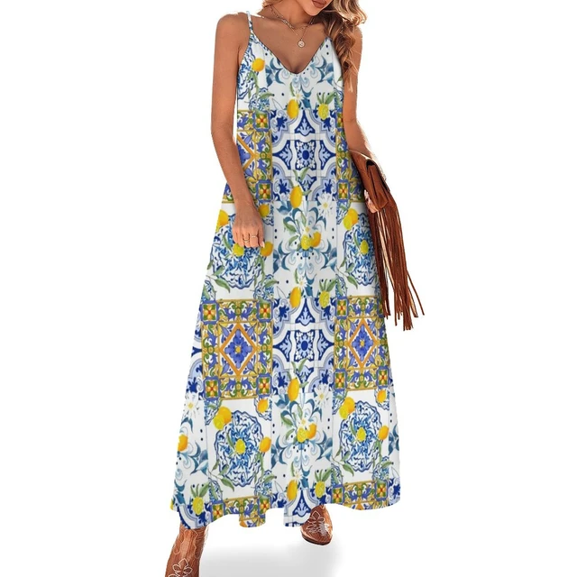 Yaz, narenciye, mozaik arka plan, akdeniz tarzı, limon meyve desen kolsuz elbise  bayan elbise uzun elbise kadın yaz - AliExpress