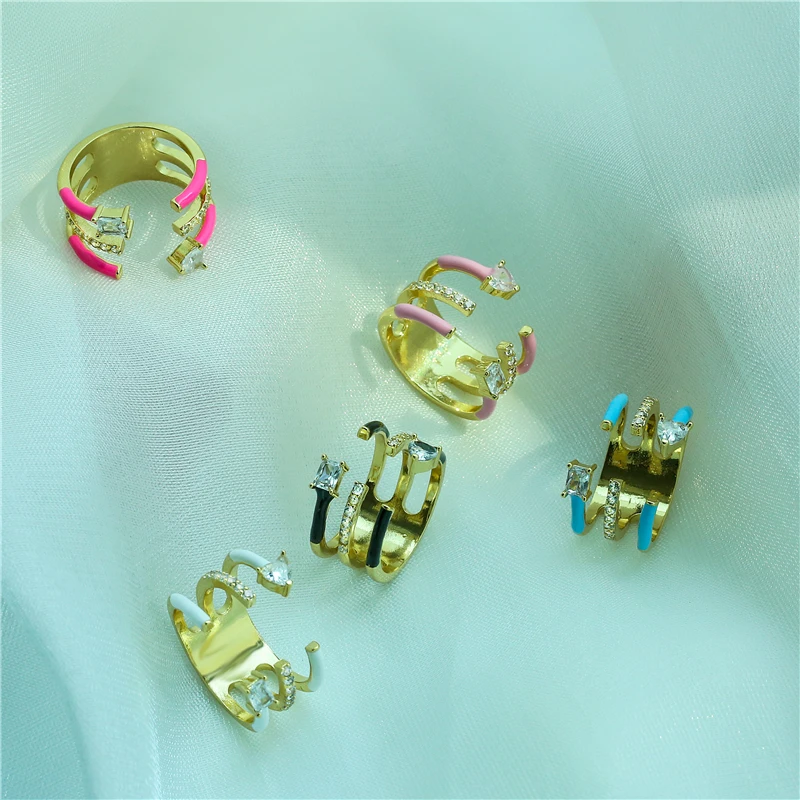 Geometric Zircon Popular Colorful Enamel Oil Drip Ring for Women Fashion Charm Open Finger