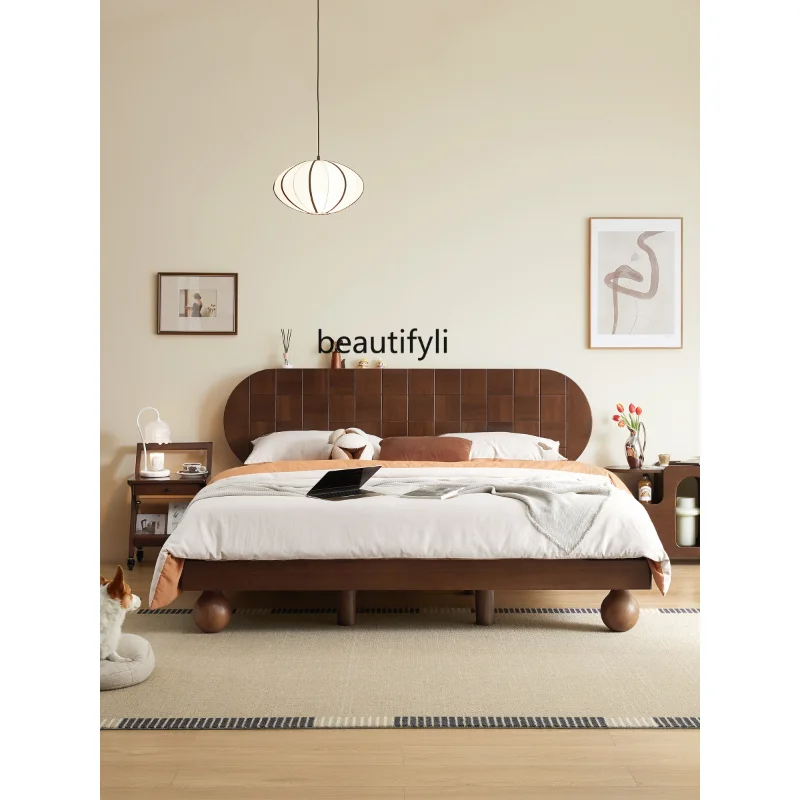 

Wooden Double Bed Modern Minimalist Walnut Color Bedroom Bed