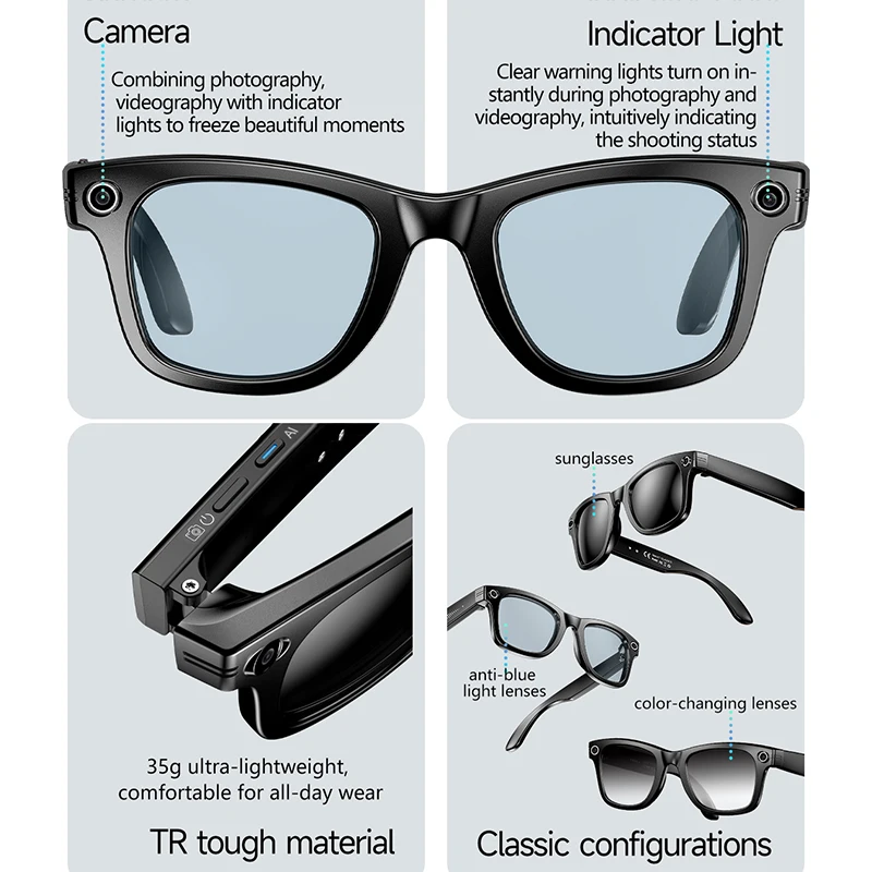 2025 New 8MP Camera Glasses Men Color-Changing AI Smart Bluetooth Glasses Photo Video Recording Waterproof Call Smart Sunglasses