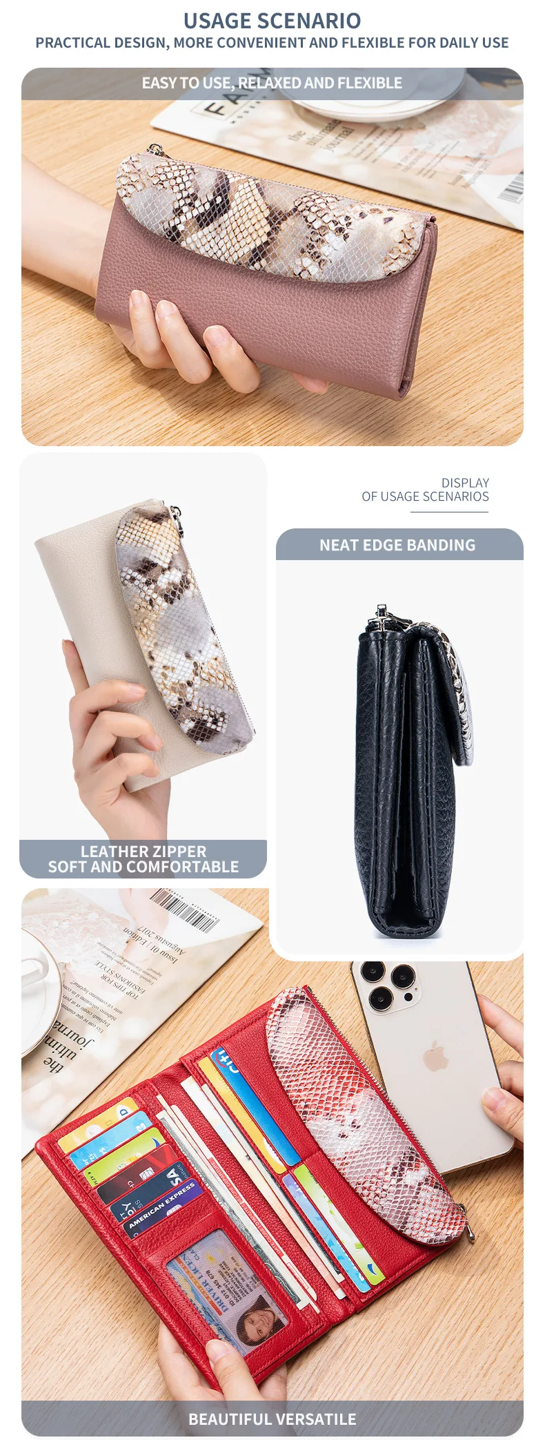 Kartenhalter aus echtem Leder, lang, weich, echtes Rindsleder, Damen-Geldbörse mit Serpentinenmuster, Rindsleder-Clutch – Detail 4