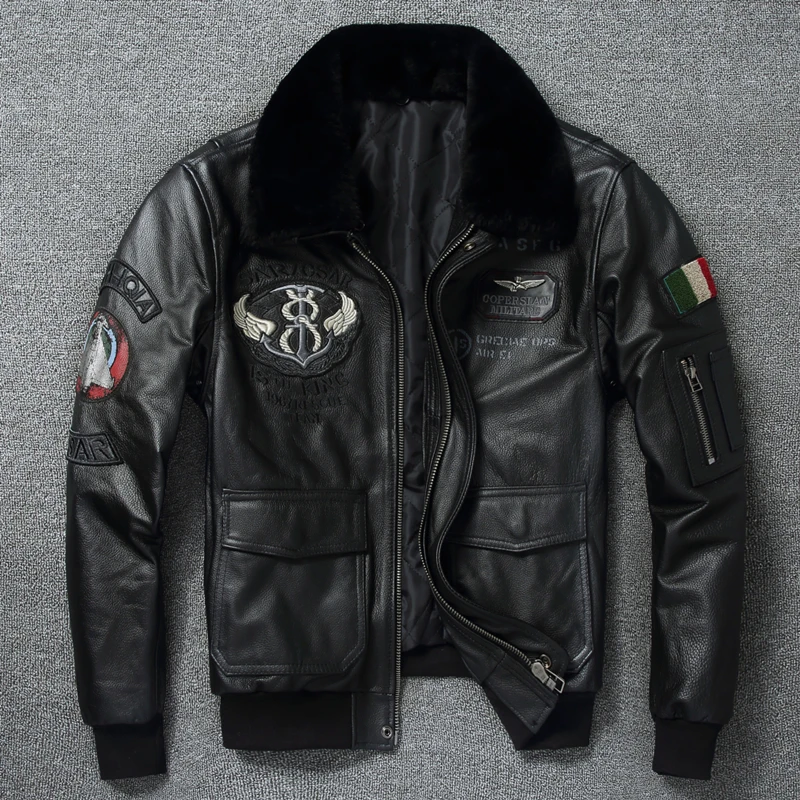 

Free Shipping2022 New Autumn and Winter Flight Suit First Layer Cowhide Jacket Embroidered Slim Fit Short Coat