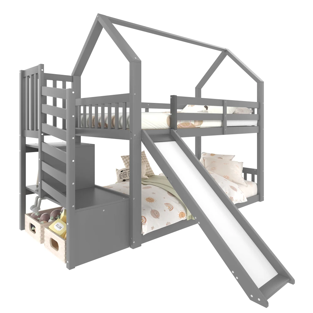 Etagenbett mit Treppe und Rutsche, Hausbett (ohne Matratze), Kinderbett mit Geländer, geeignet für Kinder, 90x200cm – Detail 33