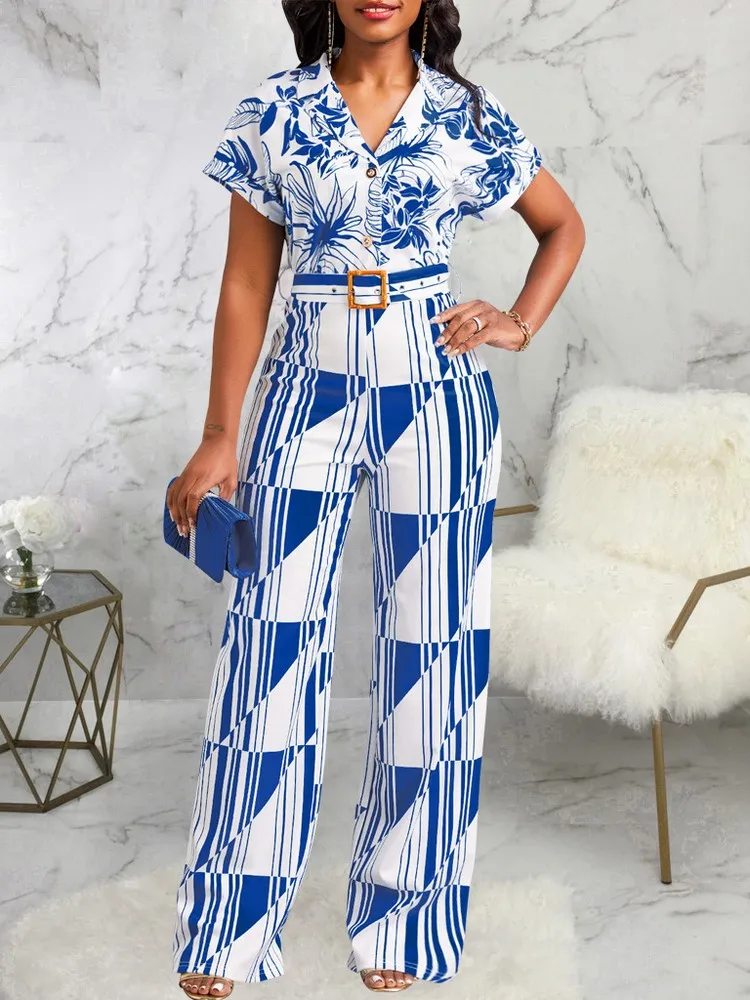 

Aesthetic Printed Short Sleeve V Neck Lounge Jumpsuits For Women Button Up Empire Waistline Straight Wide Leg Overalls With Belt