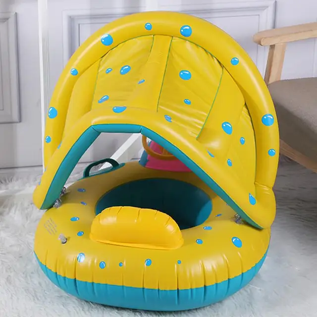 Baby Float Inflatable Toddler Beach Toy Baby Float With Sun Protection Canopy And Console Steering Wheel For Kids Outdoor Play 4