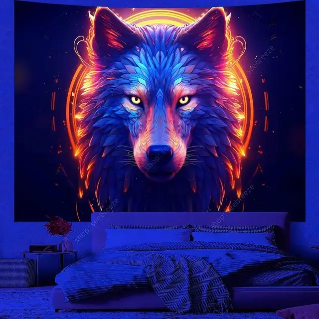 Tapisserie animale loup psychédélique, tapisserie réactive UV, tenture murale, décor de chambre Hippie, couverture de canapé, serviette de plage, cadeau pour ami 2