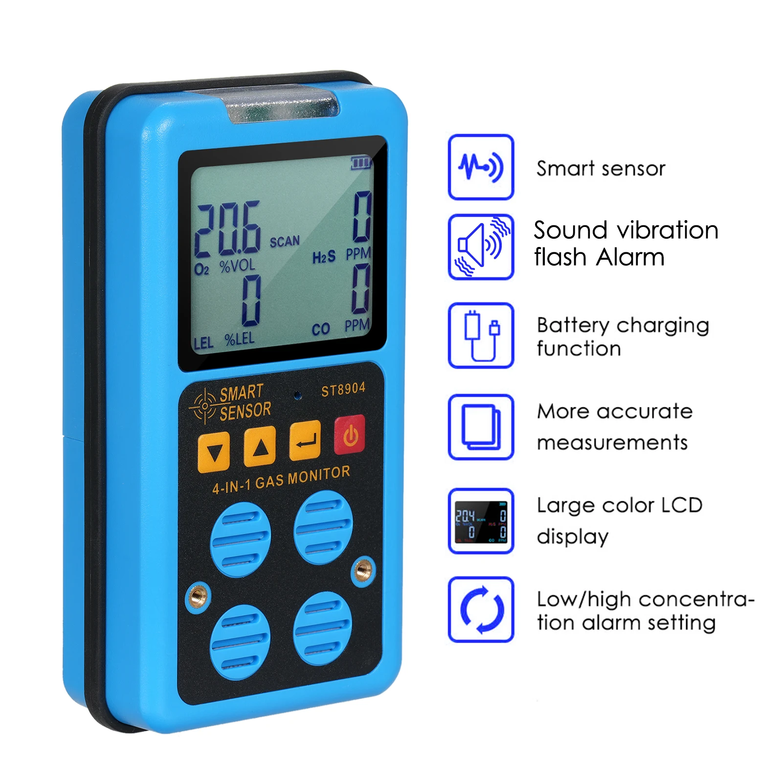 SMART SENSOR ST8904 Monitor gas 4 in 1 CO H2S O2 LEL Misurazione accurata Suono Luce Allarme vibrazione Rilevatore di gas retroilluminato - immagine 3