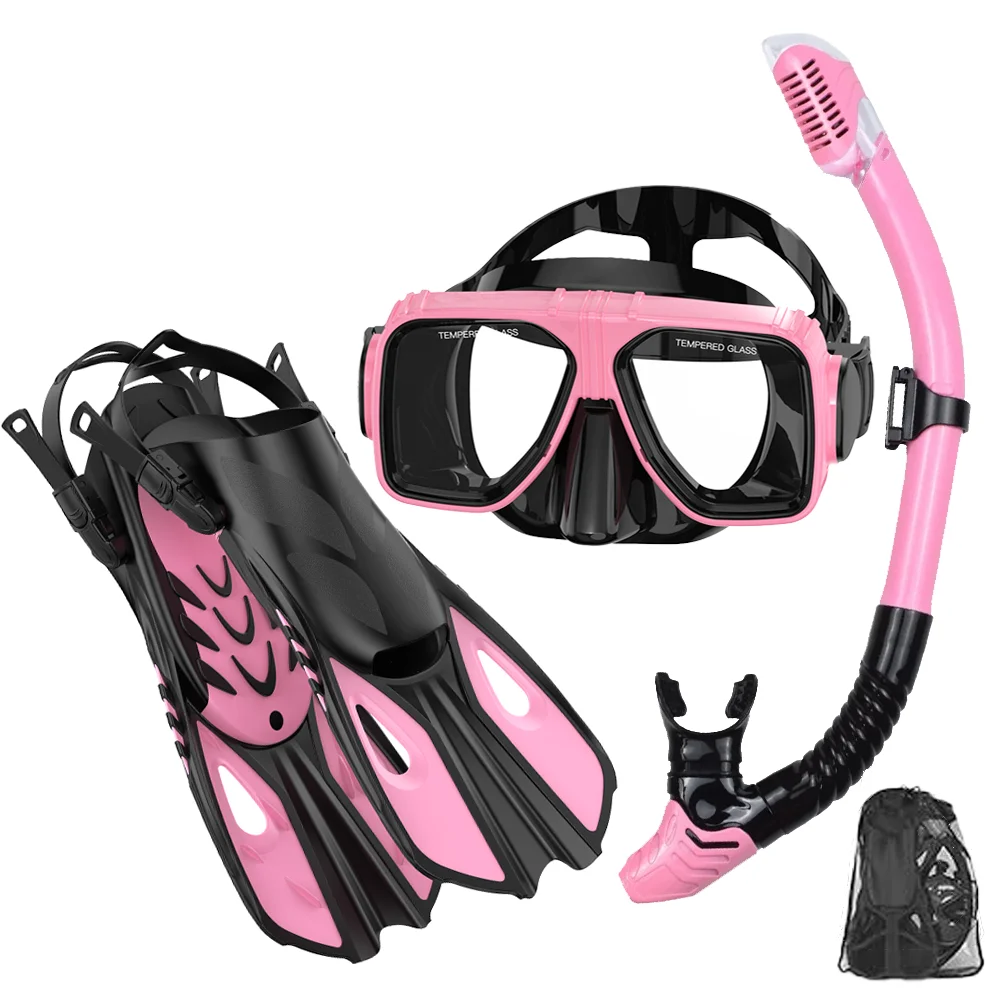 Diving Mask Fin Snorkel Set for Adult Panoramic View Snorkel Mask Adjustable Dive Flipper Dry Top and Travel Bag snorkeling diving mask,diving mask,snorkel set