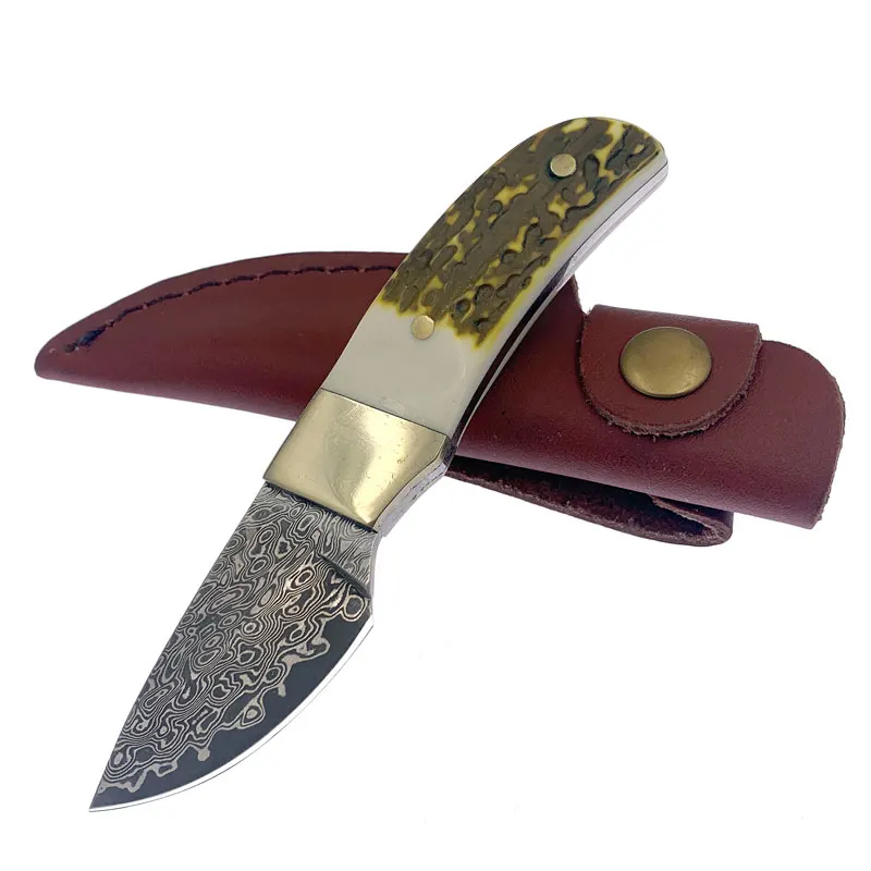 

Damascus steel blade Outdoor Camping knife Portable Survival Hunting knives with leather sheath knives fixed EDC knife