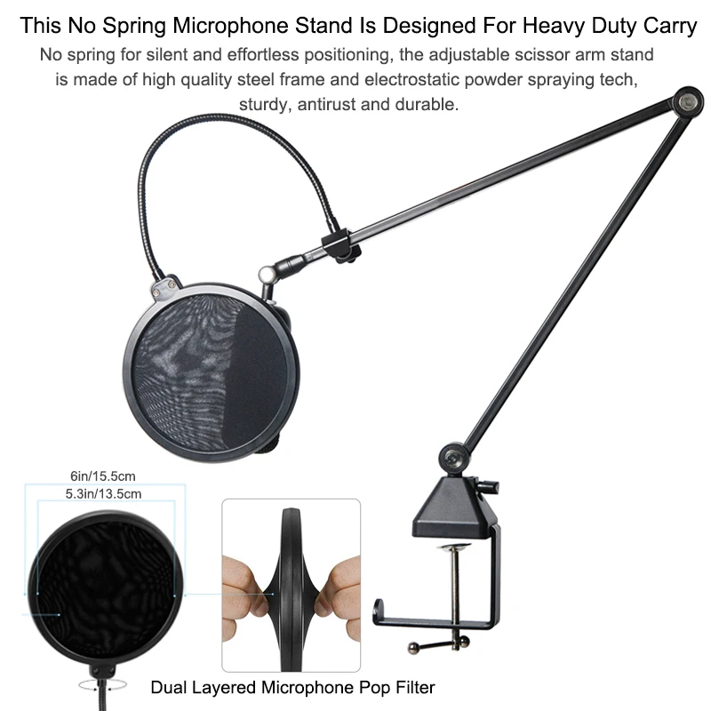 마이크 붐 암 스탠드, 나사 어댑터 포함, HyperX 쿼드캐스트 마이크, 블루 예티, 스프링 구조 없음, 데스크 마이크 홀더