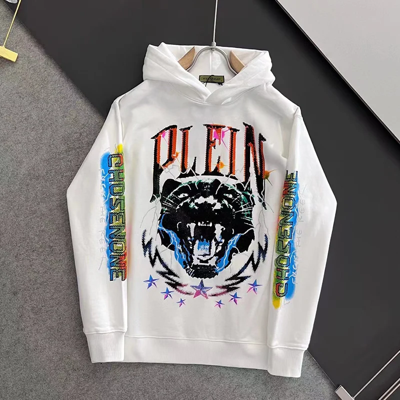 

AlexPlein Bear Rhinestones Men's Fashion Clothing 100% Cotton Hoody 2023 Winter Streetwear Hip Hop Luxury Diamond Couple Wear