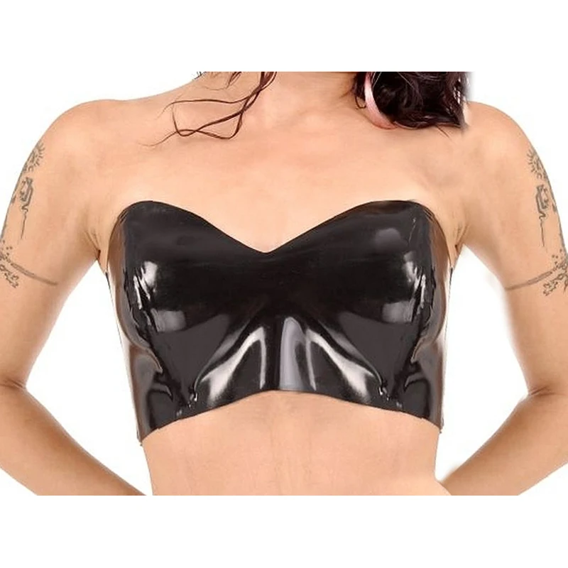 Black Sexy Latex Tube Tops With Lacing At Back Rubber Bras