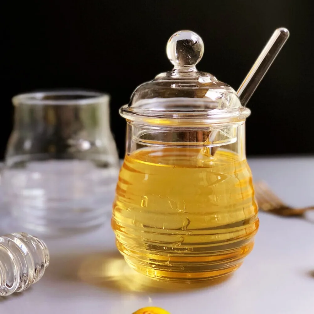 

Glass Honey Pot Honeycomb Transparent Honey Storage Container with Dipper and Lid Honey Bottle