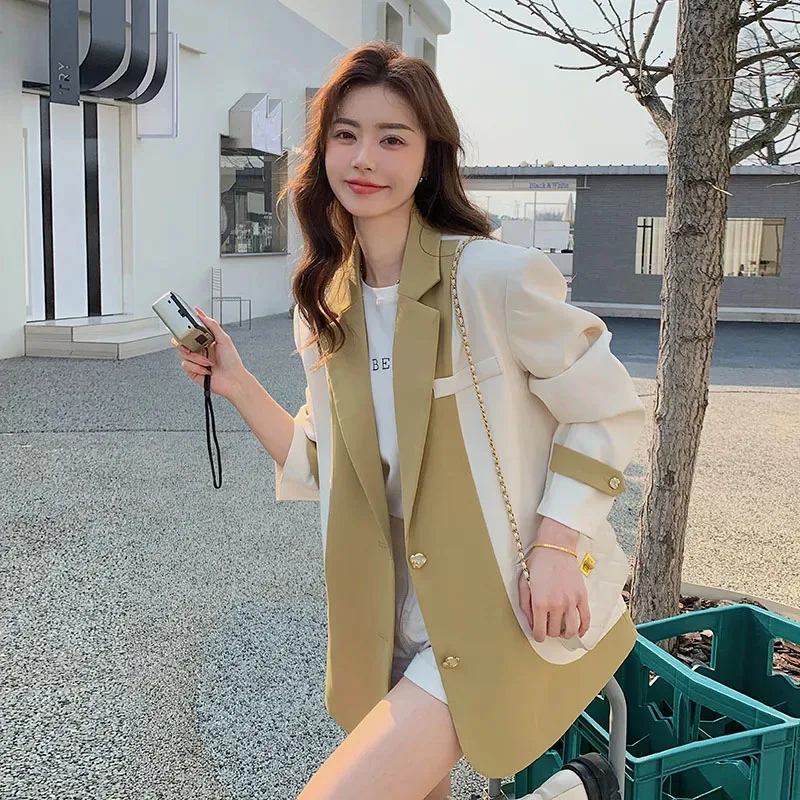 

Lucyever Contrast Patchwork Blazer Coat Women Korean Chic Loose High Grade Suit Jacket Spring Autumn Long Sleeve Casual Outwear