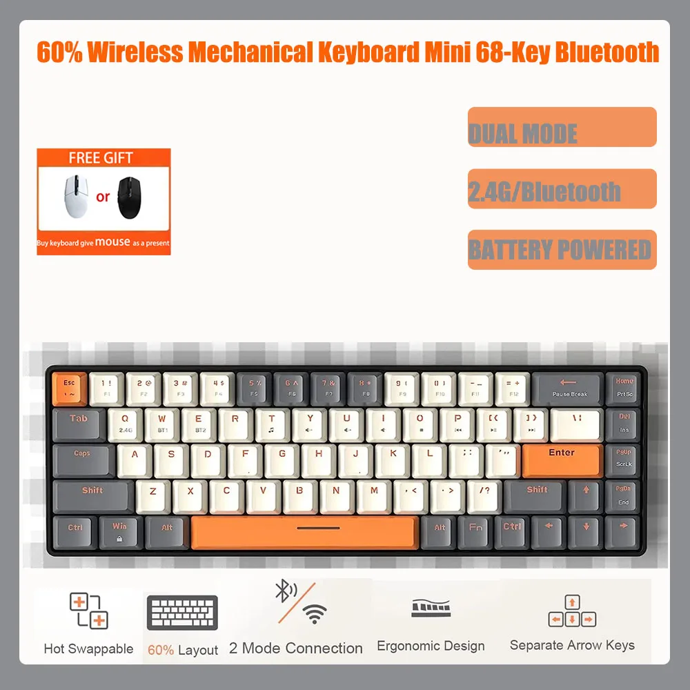 

Клавиатура Механическая K68, Bluetooth, 2,4G/BT5.0, два режима