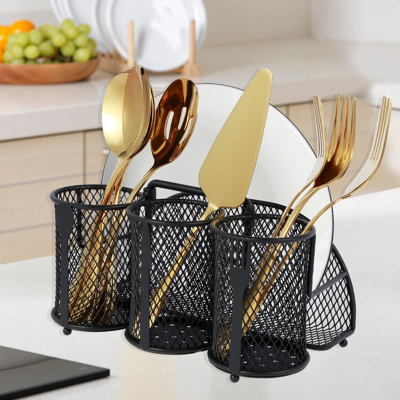 

Metal Utensil Caddy Mesh Silverware Caddy 4 Compartments Flatware Caddy with Retractable Handle Cutlery Caddy with Weighted Base