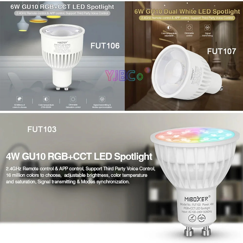 Miboxer 스마트 LED 스포트라이트, RGB + CCT/듀얼 화이트 전구 램프, 천장 조명, 2.4G 원격 앱 제어, 4W, 6W, GU10, FUT103, FUT106, FUT107