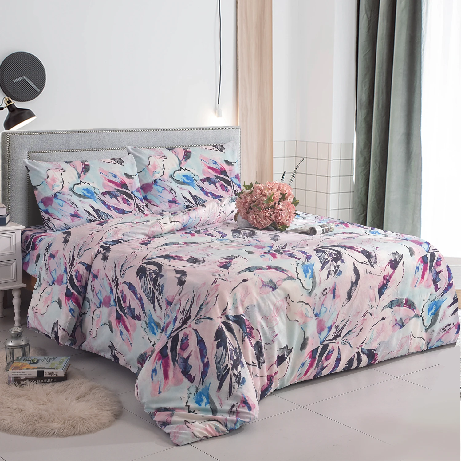 4 Piece Bedding Set Madrid Design Floral Pattern Soft Brushed Microfiber Duvet Cover Fitted Sheet Pillow Cases Set