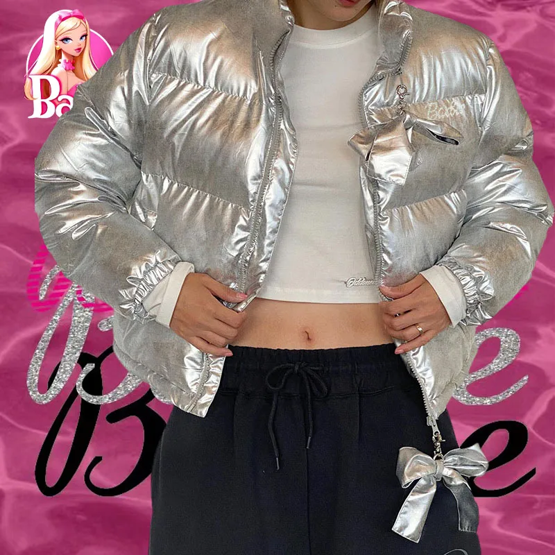 

Winter Fashion Barbie Down Jacket Cute Beauty Glossy Stand Collar Bow Decoration Zipper Slim Cotton Clothes Top Birthday Gift