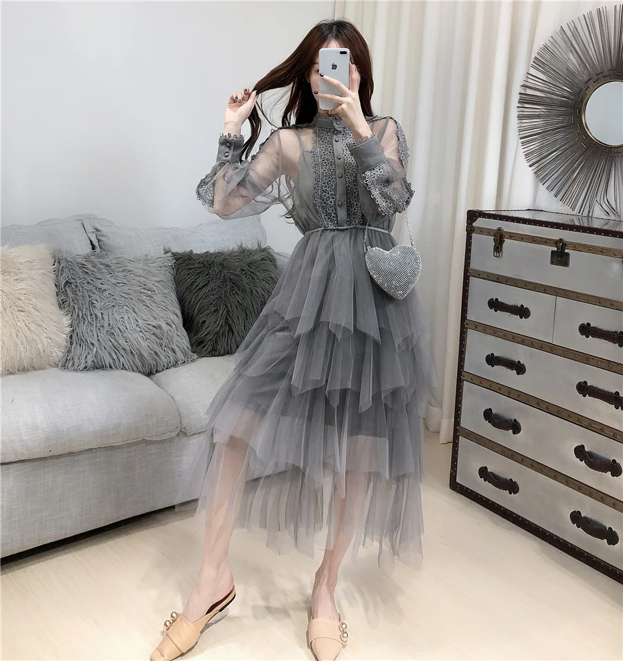 

2021 Women Summer Stand Collar Lace Fairy Dress High Waist Layered Long Sleeve Cake Dress Sweet Transparent Midi Dress Vestidos
