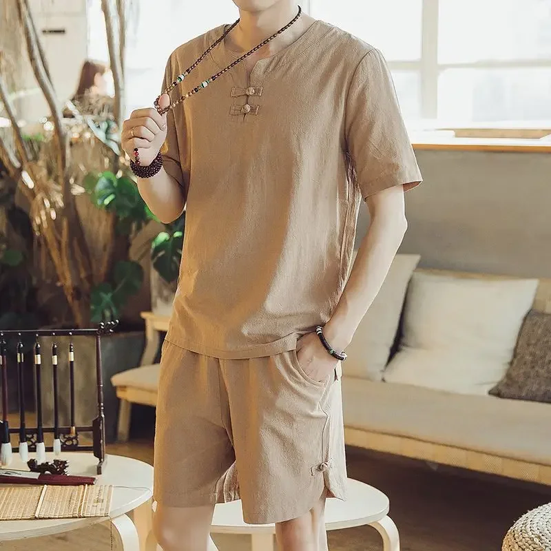 thumbnail image 1 of Conjuntos de camisetas y pantalones cortos para hombre, sin logotipo, ropa de trabajo, conjunto de pantalones cortos para hombre, ropa informal de lino a la moda para hombre 2024, ropa juvenil emo de, 1 of 5