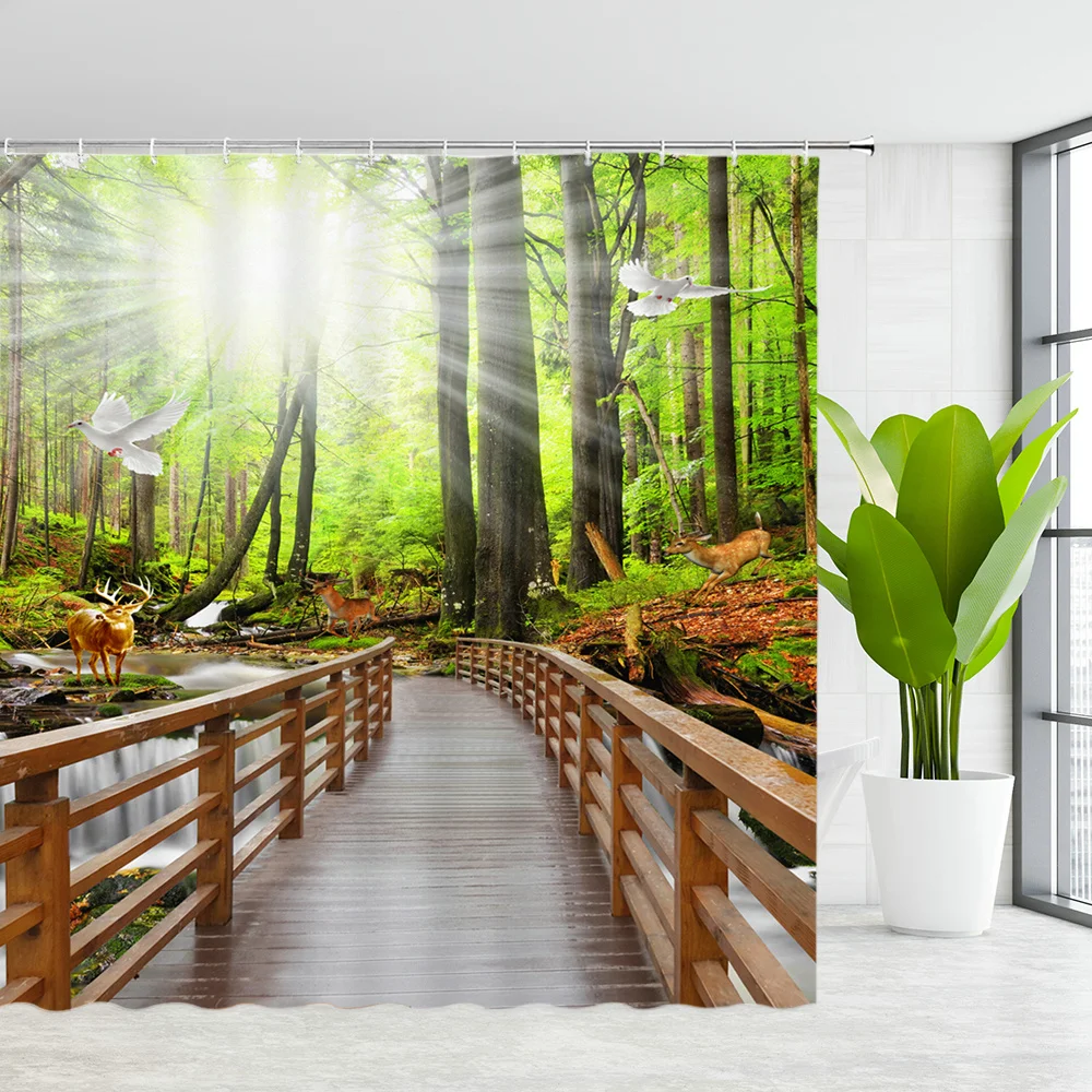 

Green Bamboo Birds Shower Curtains Beauty Nature bamboo Garden Flower Bathroom Decor with Hooks Waterproof Fabric Bath Curtain