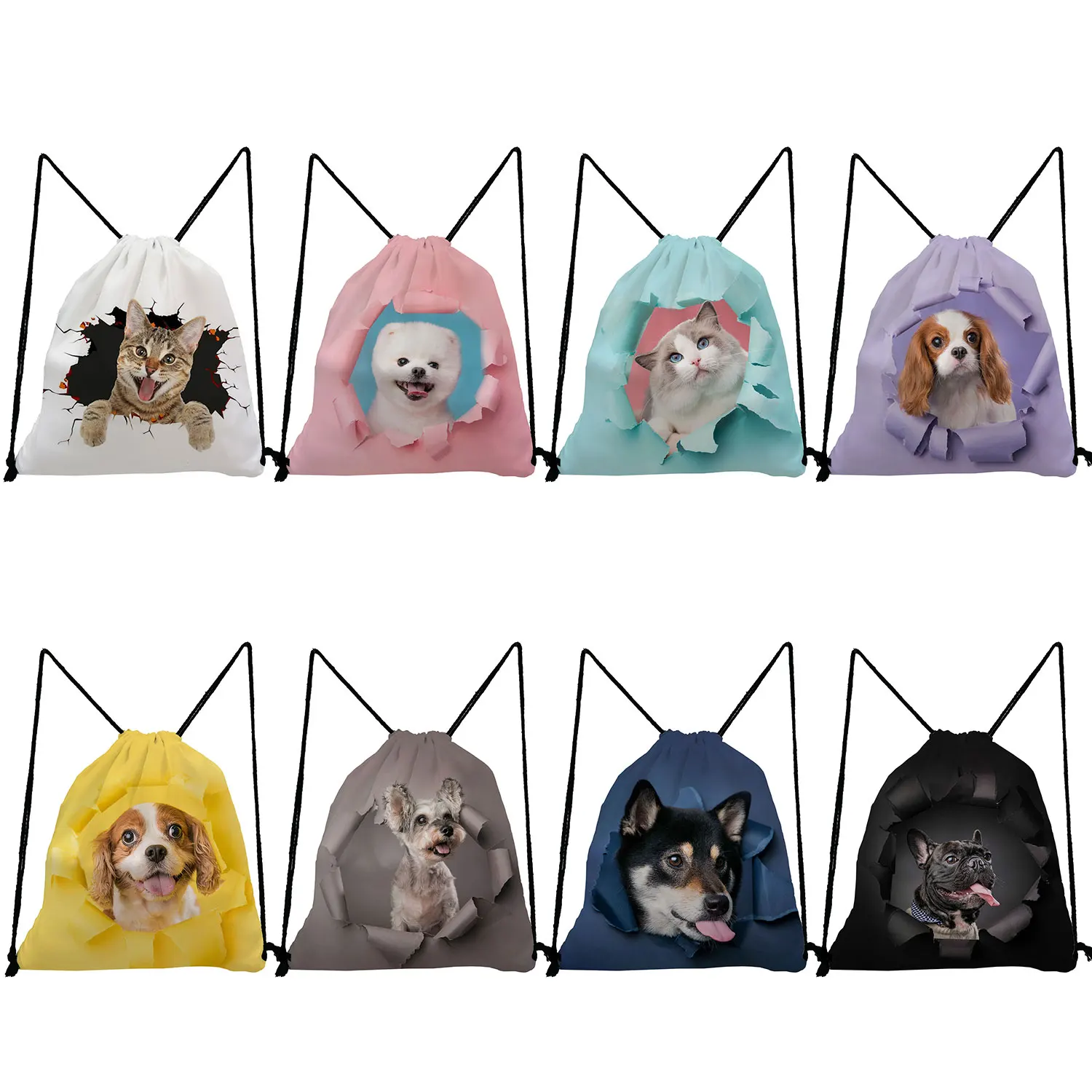 

Drawstring Pocket Shoe Bag to School Unisex High Quality Women's Backpack 3D Hole Cat and Dog Print Portable Travel Storage Bags