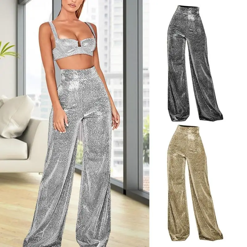 

Sparkly Pants For Women Shiny Glitter Wide Leg Casual Trousers Night Out Clubwear Long Lounge Pant Trousers Loose Flare Bell