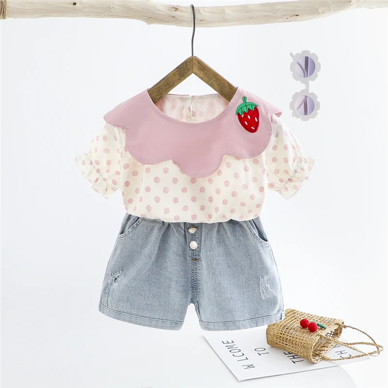 

Summer Baby Girls Clothing Sets Infant Short Sleeve Strawberry Lace T Shirt Denim Shorts Children Vacation Clothes Kids Outfits