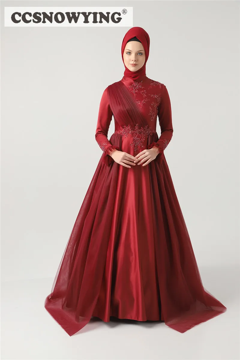 

Burgundy Long Sleeve Muslim Evening Dress Satin Appliques High Neck Islamic Hijab Formal Party Gown Arabic Dubai Robes De Soirée