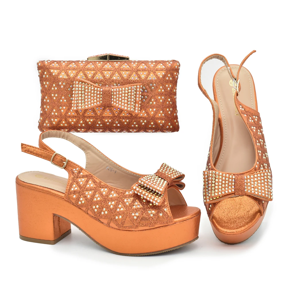 

2023 Newest Party Shoes Ladies Shoes and Bag Full Diamond Butterfly Design in Orange Color
