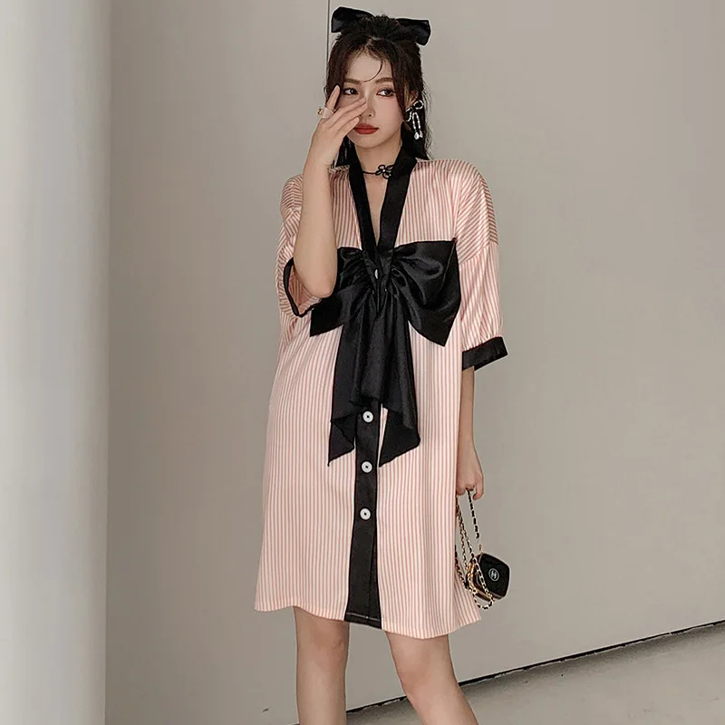 Satin Chiffon Pajamas Ladies Summer Playful Cute Big Bow Loose Nightdress summer plus size