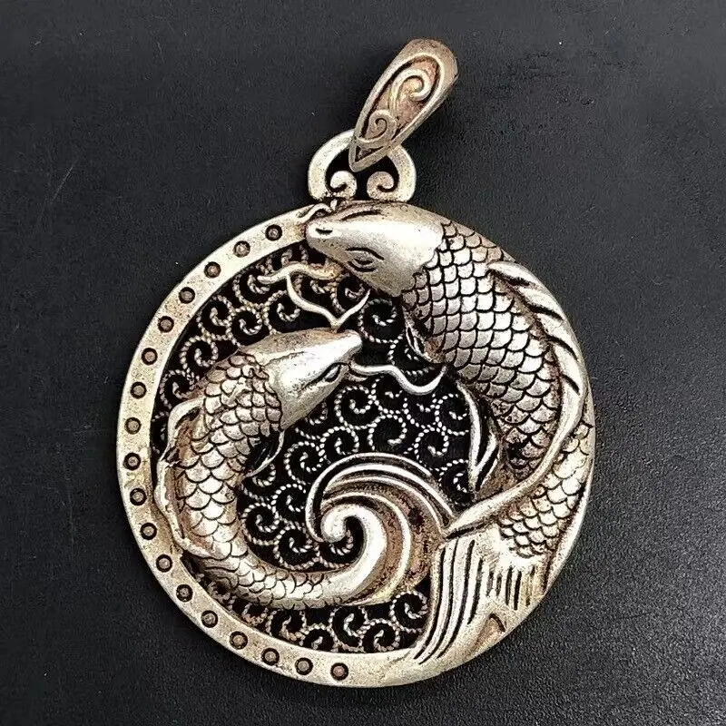 Rare Old China Miao Silver Feng Shui Double Fish Amuleto Collezione Regalo