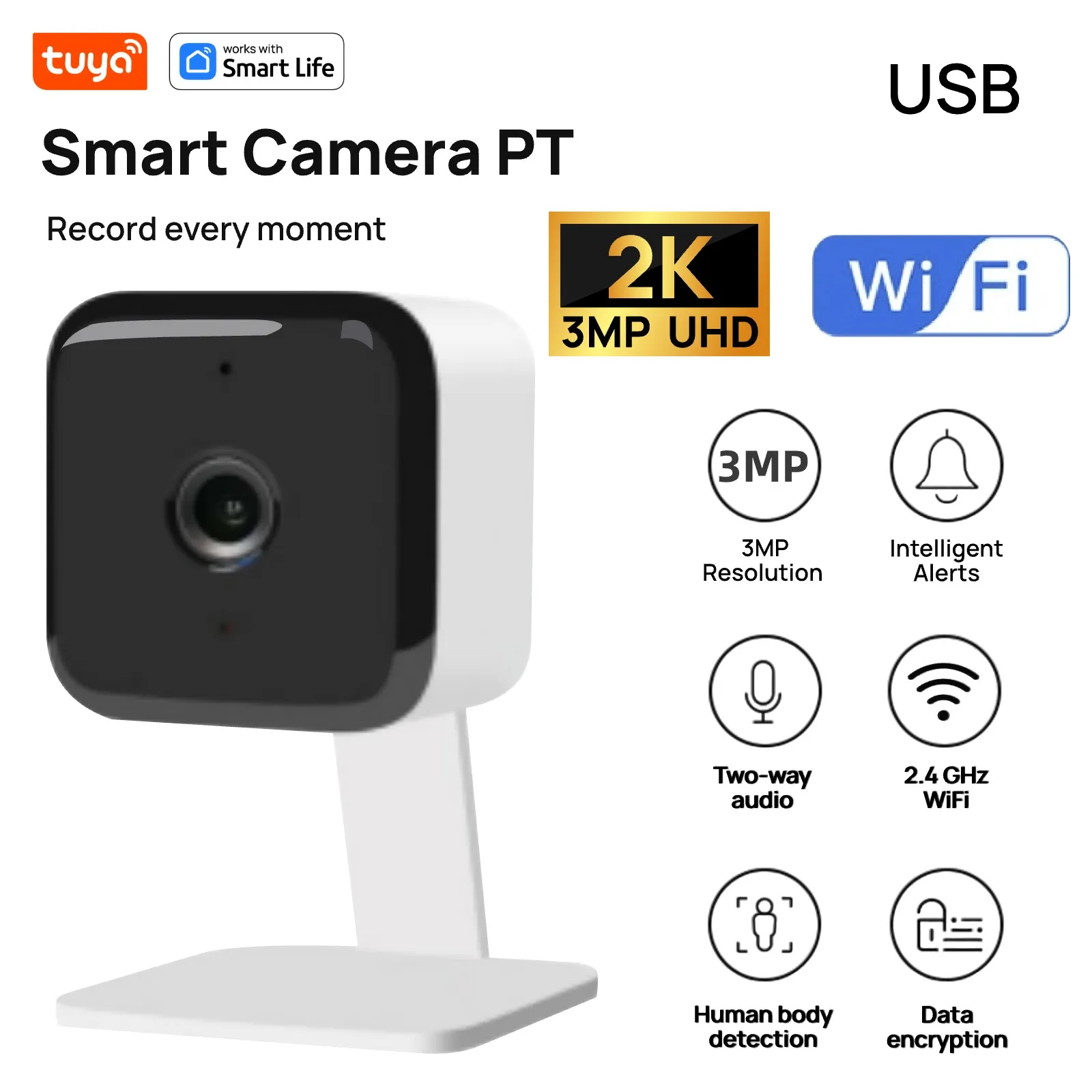 Tuya Smart 2k UHD Câmera de segurança doméstica, câmeras de vigilância internas 2.4G para câmera de cachorro gato de estimação, monitor de bebê | Envio oficial de Tuya