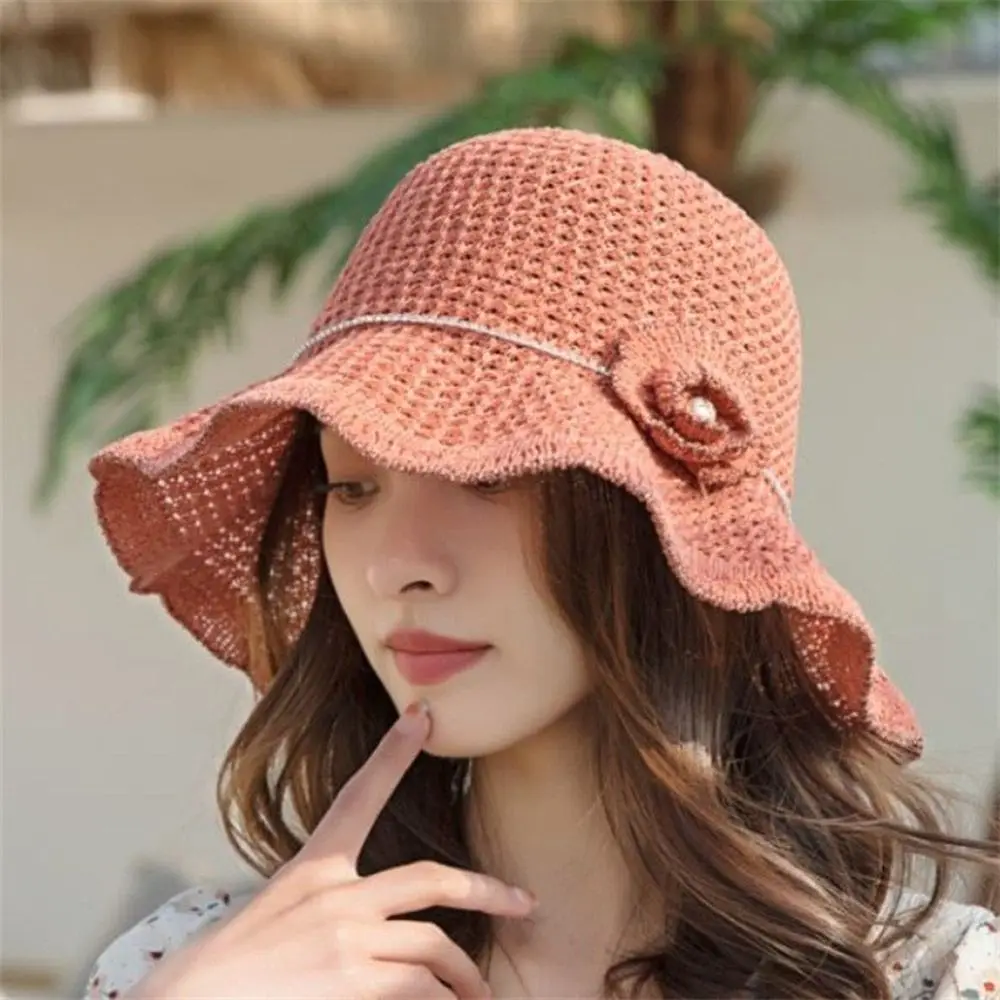 

Flower Women Fisherman Hat Fashion Sunscreen Wave Edge Sun Hat Womens Crochet Weave Panama Hats Fishing
