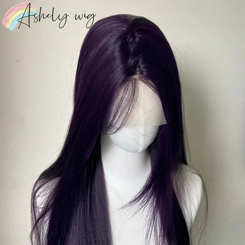 13x4 Dark Purple Wig Long Straight Purple Synthetic Lace Front Wigs for Woman daily use Heat Resistant Fiber Glueless Lace Wigs