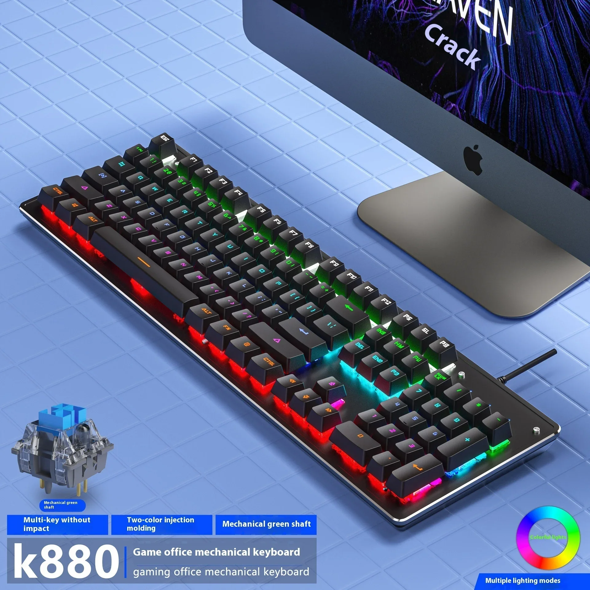 

Проводная Механическая клавиатура K880, водонепроницаемая популярная сменная компьютерная клавиатура зеленого цвета, для киберспорта, для офиса, подарок