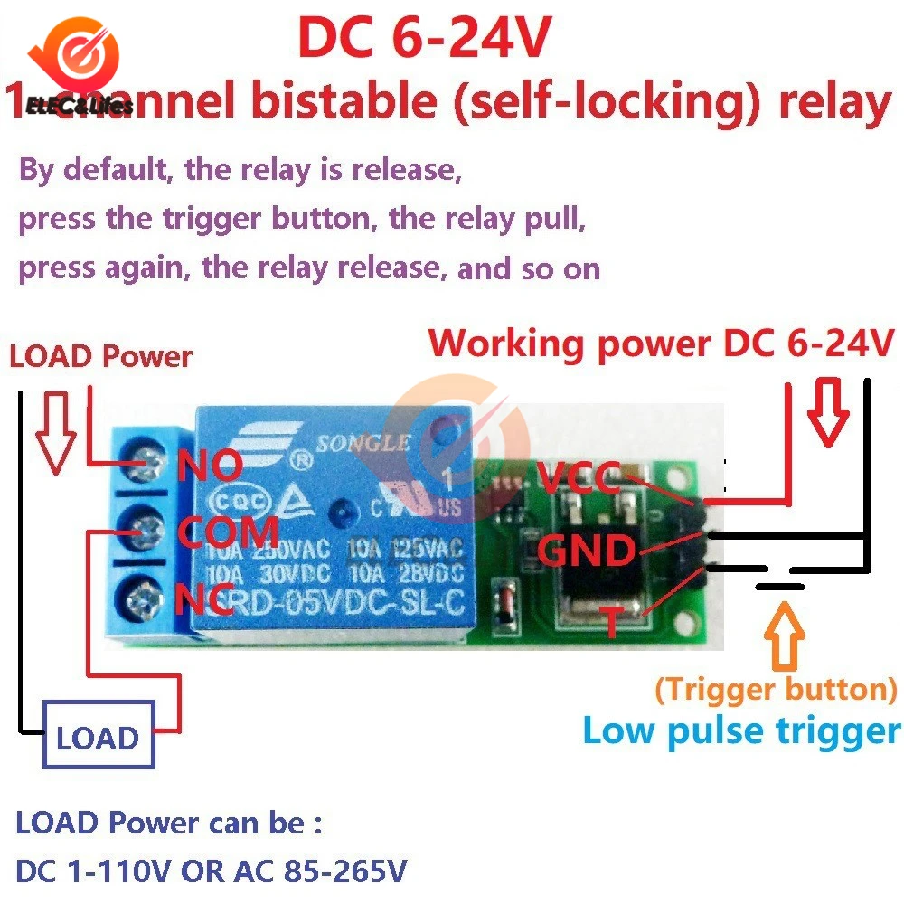 Trava Módulo de Relé Bistable Self-Locking Switch, Pulso Baixo Gatilho Board, Arduino Smart Home LED, DC 6V, 9V, 12V, 24V