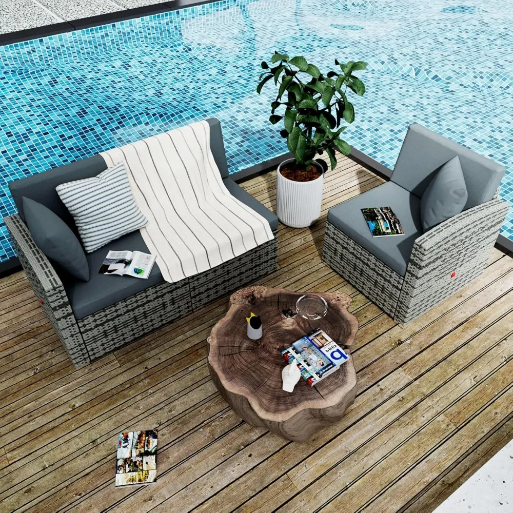 3 Pieces Patio Furniture Set, PE Rattan Sectional Sofa with Cushions, All-Weather Wicker Modular Couch, Outdoor Conversa 4