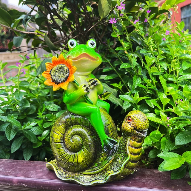 Statue d'escargot d'équitation de grenouille de bande dessinée, artisanat extérieur de résine d'animal, décorations d'art, jardin paysager illimité, 1pc 5
