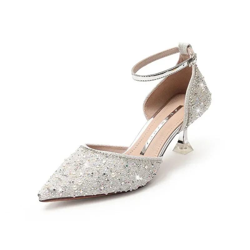 Ladies Ankle Strap Pumps High Heels Crystal Wedding Shoes Bride for Women 2023 Spring Pointed Toe Luxury Pumps Woman