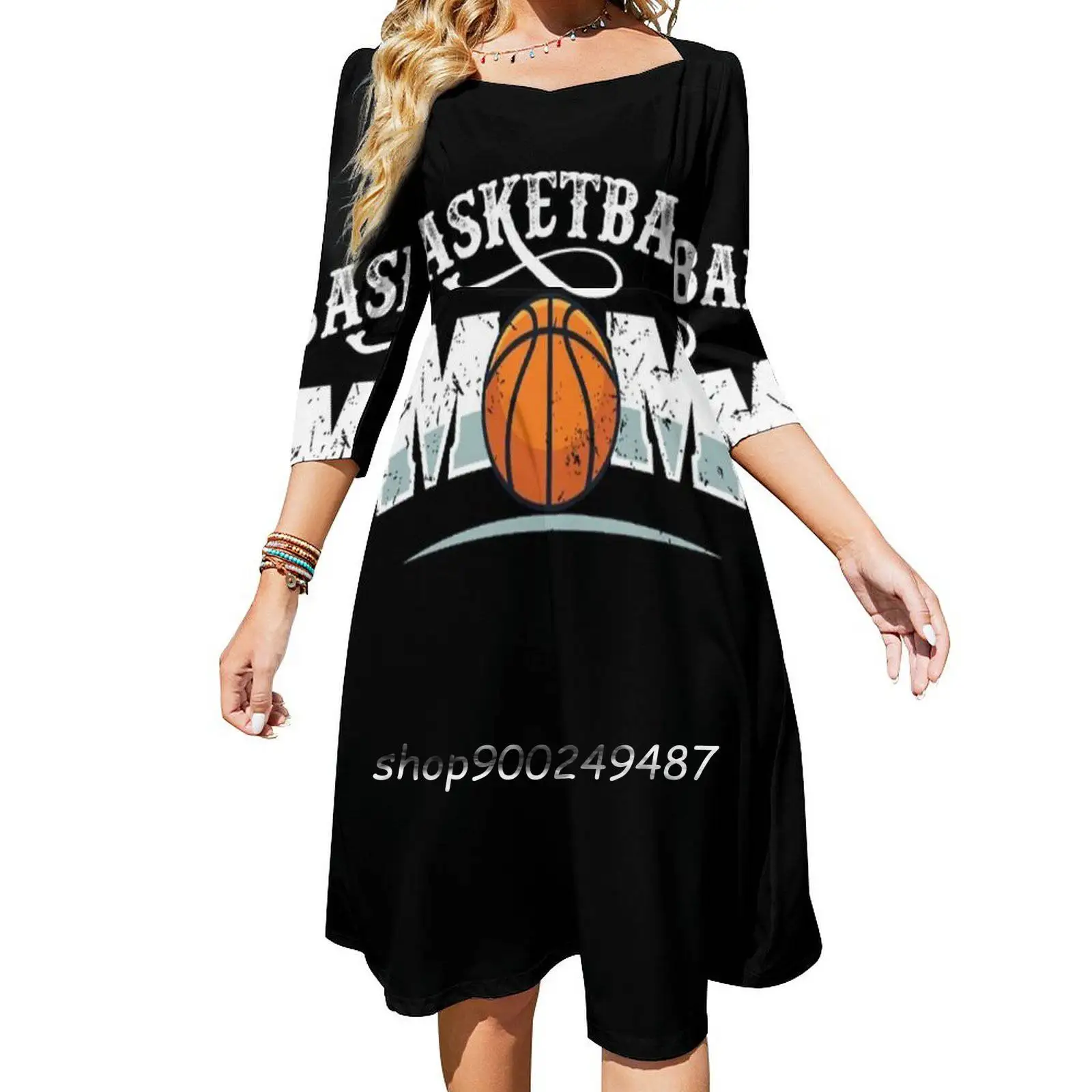 Basketball Mom T-Shirt Square Neck Dress Cute Loose Print Dresses Elegant  Beach Party Dress Basketball Basketball Lover