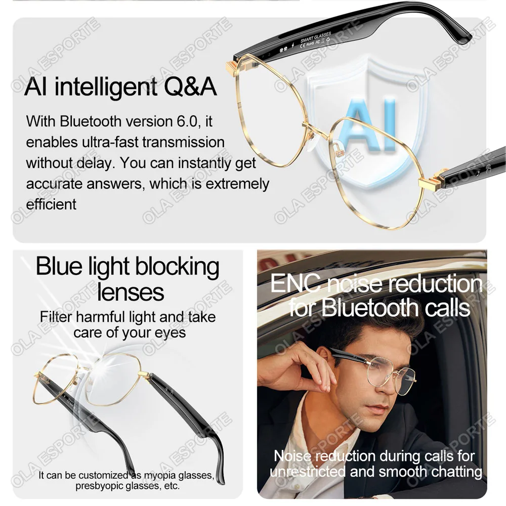 Smart Glasses 163 Online Language AI Automatic Dialogue Translation Bluetooth Glasses with Speaker, Sports UV Protection Travel