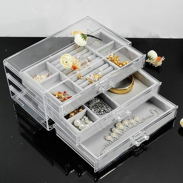 Sharplace Clear Acrylic Jewelry Organizer with 3 Drawers Grey Velvet Jewelry Box Multifunctional for Earring Rings Necklaces Bracelets Sturdy Elegant, Women's