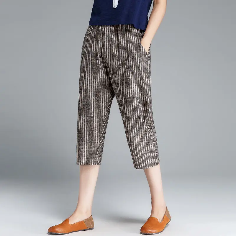 Summer Slim Fit Women's 2024 Patchwork Elastic Waist Patchwork Striped Pockets for Casual Elegant Cotton and Linen Cropped Pants