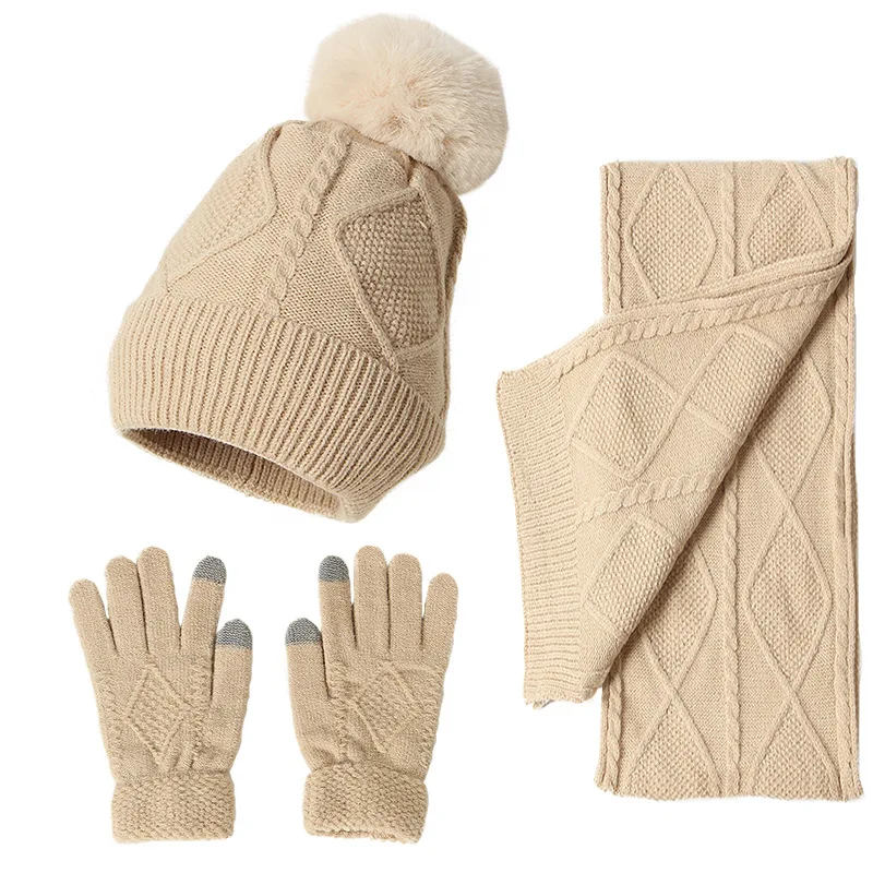 

2024 Winter Women Thick Beanie Hat Knitted Hat Female Cap Beanie Female 3 Pieces A Set Neck Scarf Cap Balaclava Bonnet Hats Set